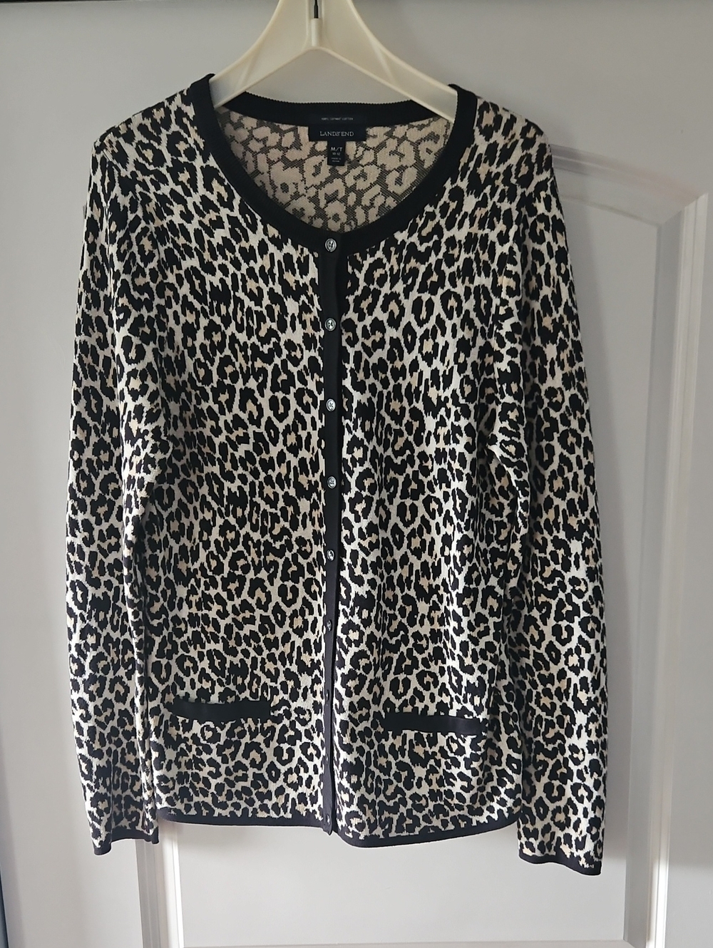 Lands' End Black and Cream Leopard-Print Button Tall Cardigan